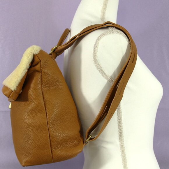 GiGi New York Foldover Backpack Tote Tan Pebbled Leather with Shearling Trim NWO - Picture 2 of 9